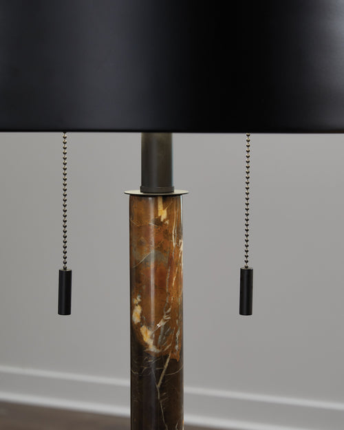 Metal table lamp column base with black finial and textured brown marbled metal