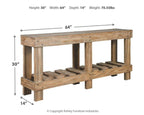 Brown console sofa table with open lower shelf and slatted wood supports.