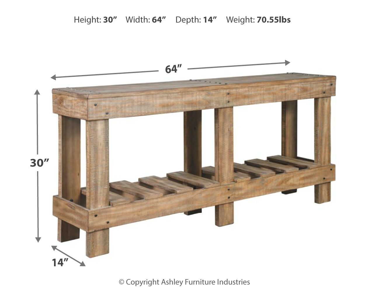 Brown console sofa table with open lower shelf and slatted wood supports.