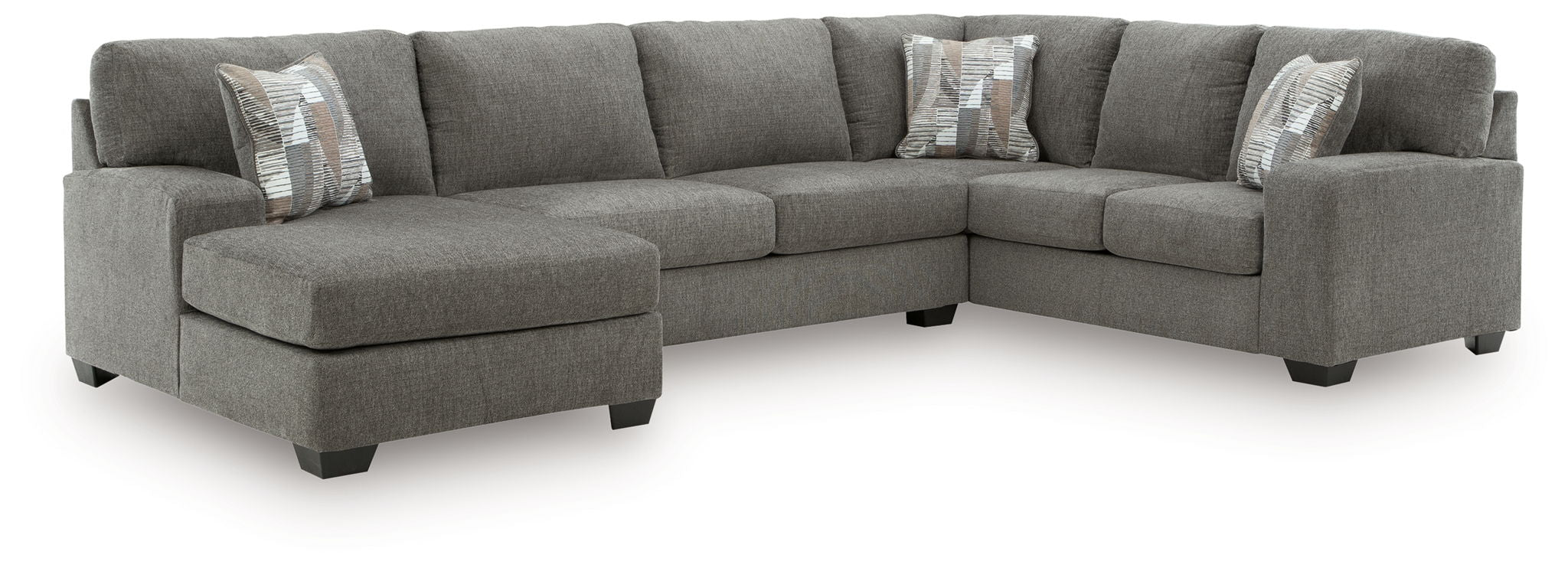 Gray sectional sofa with chaise, square arms, and accent throw pillows