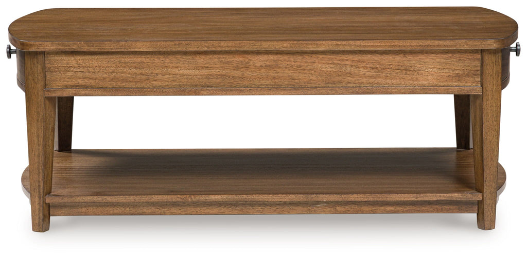Light brown rectangular wooden end table with lower shelf and back drawer front.
