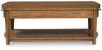 Light brown rectangular wooden end table with lower shelf and back drawer front.