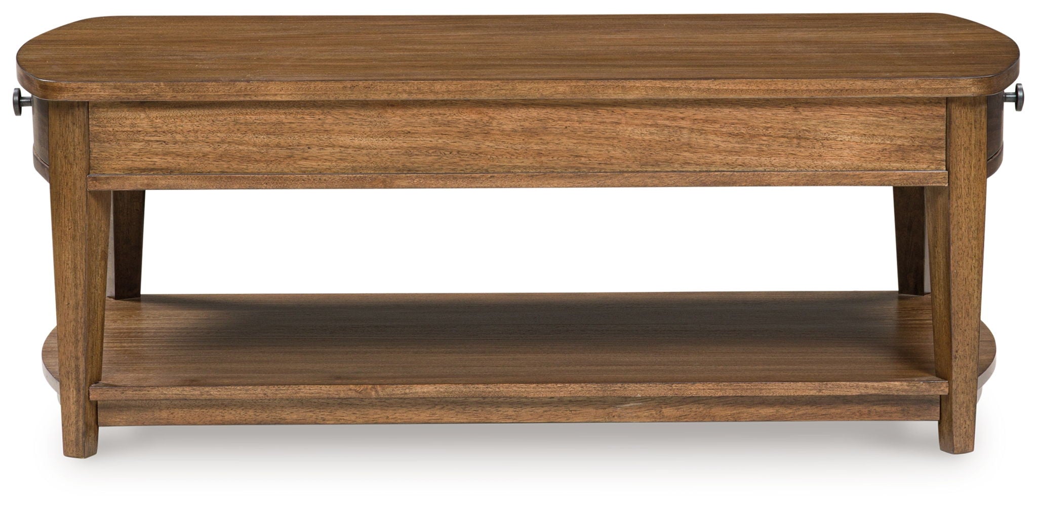Light brown rectangular wooden end table with lower shelf and back drawer front.