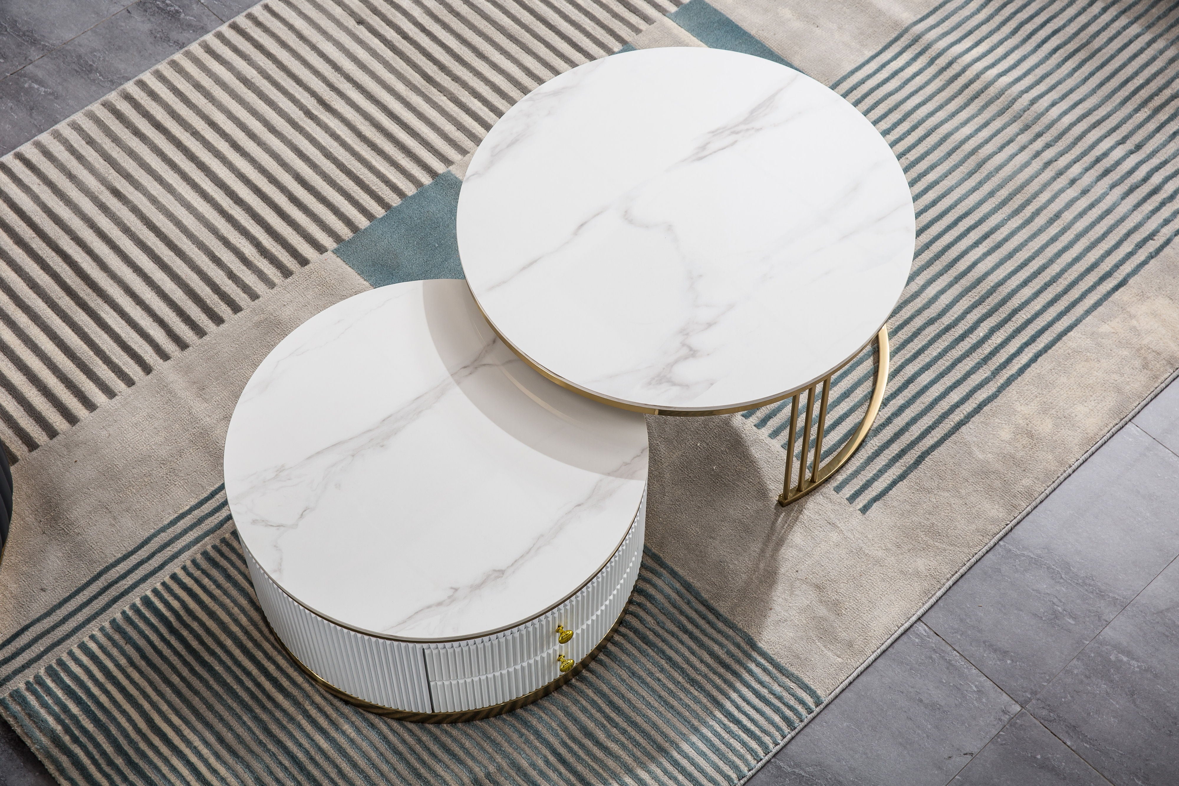 Modern Nesting MDF Coffee Table (Set of 2) Round White End Table, Sintered Stone Appearance With Gold Finish Metal Base