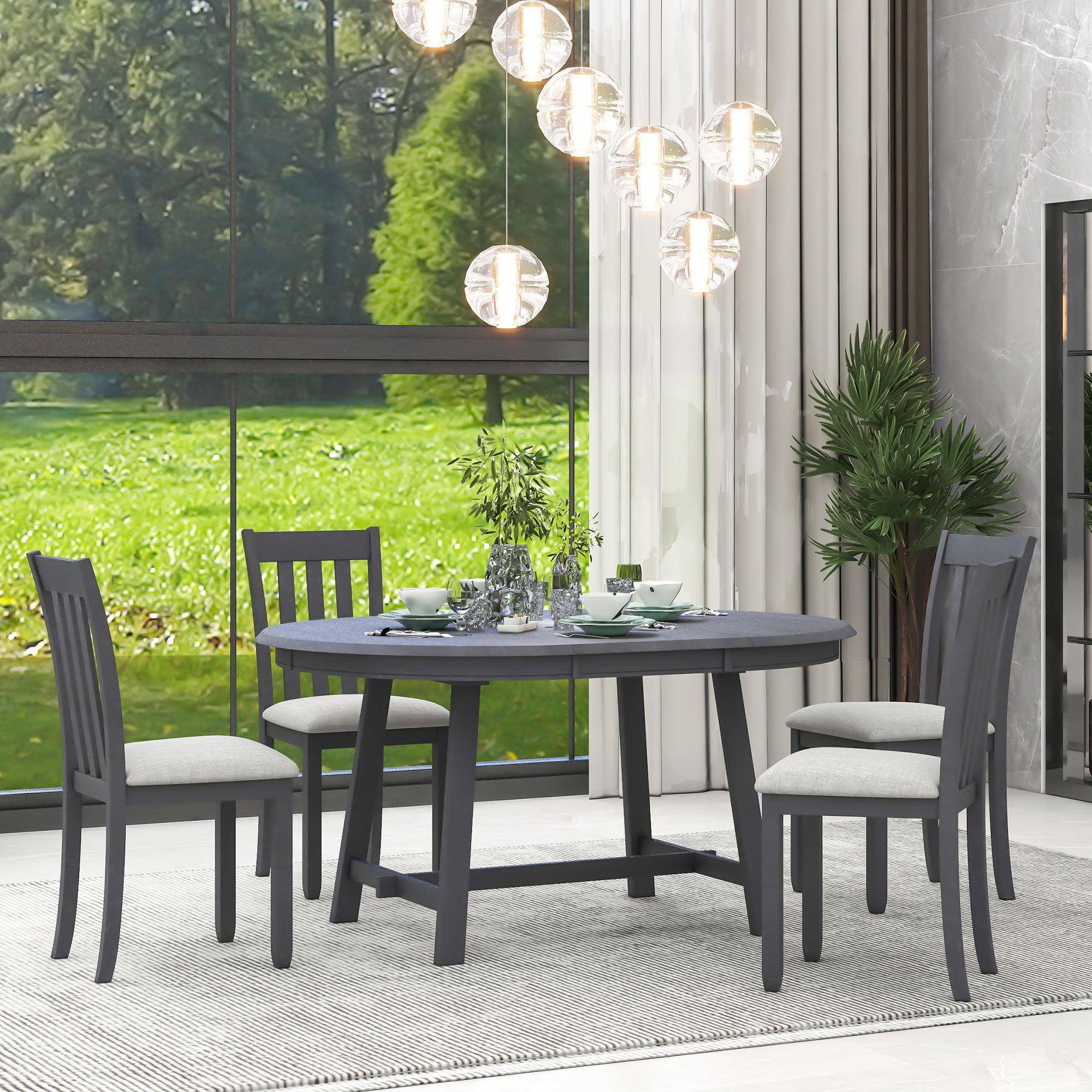 5-Piece Round Extendable Dining Table Set (Gray)