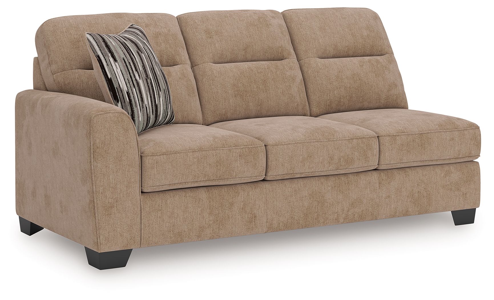 Mocha-toned upholstered sofa with tufted seat and back, squared arms and dark legs