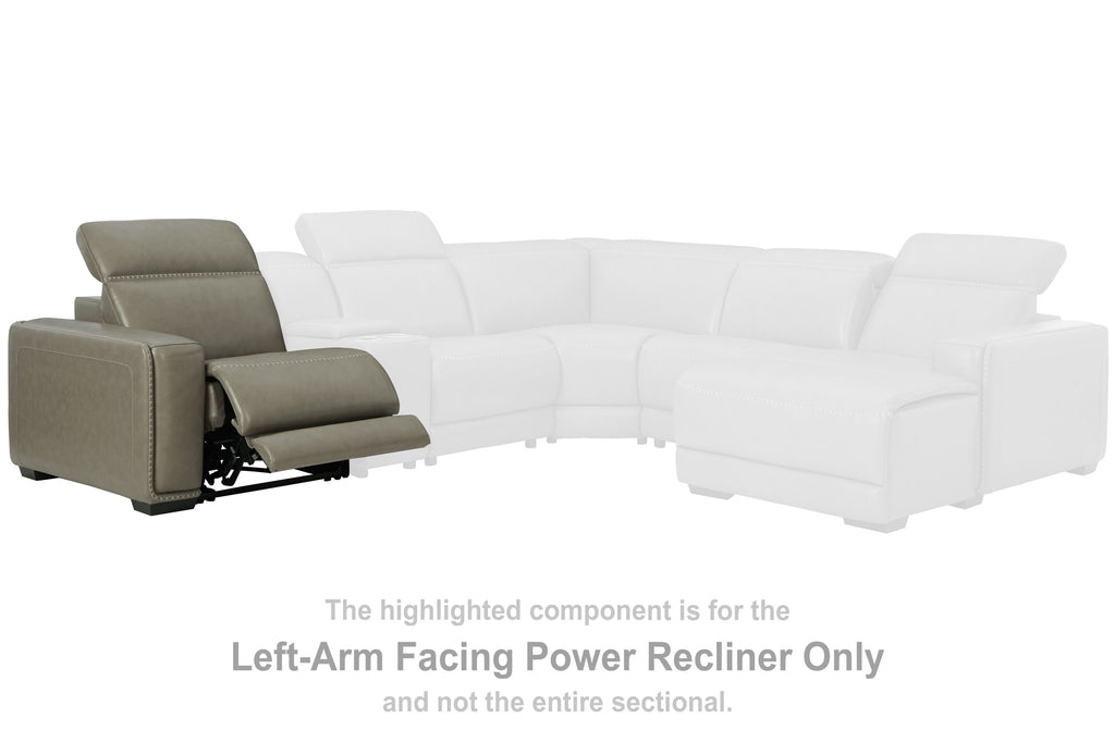 Gray left-arm facing power recliner with padded chaise footrest