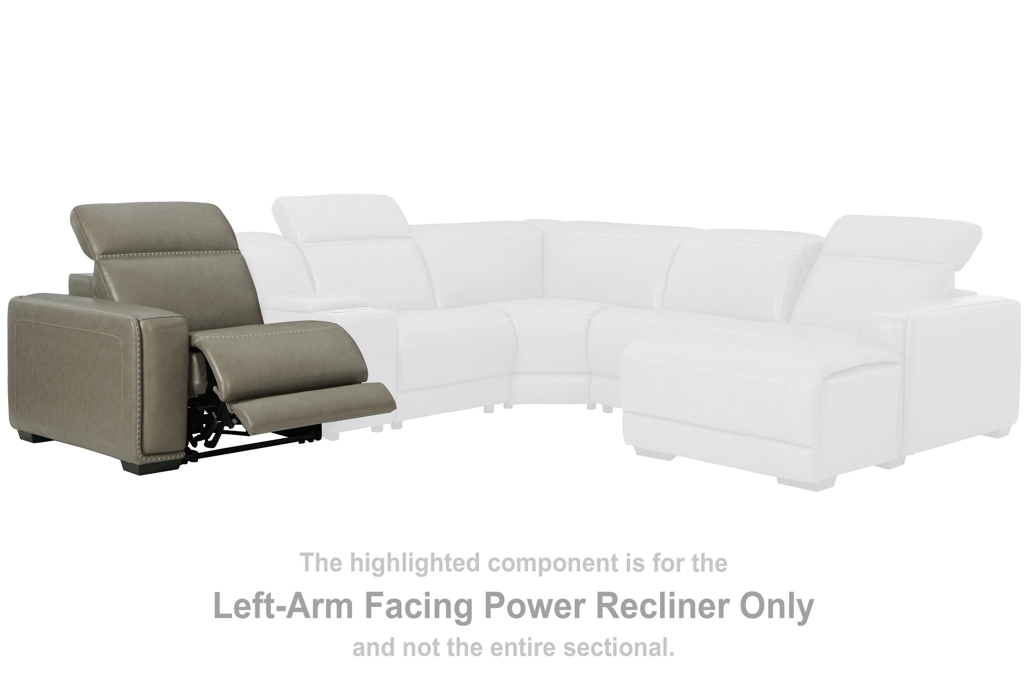 Gray left-arm facing power recliner with padded chaise footrest