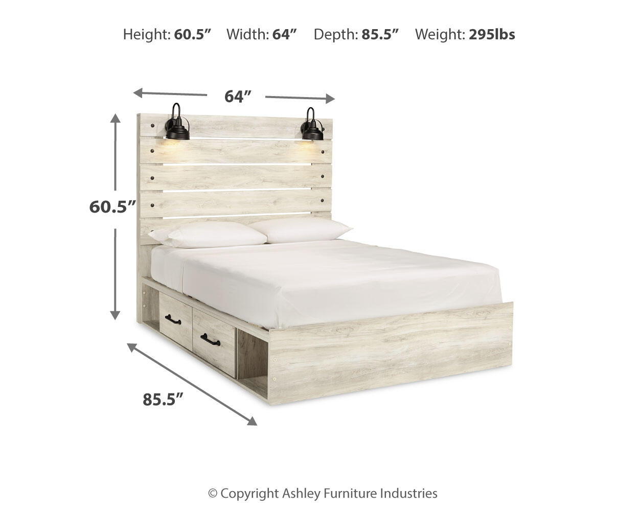 Beige panel bed with white mattress and two front storage drawers, size dimensions