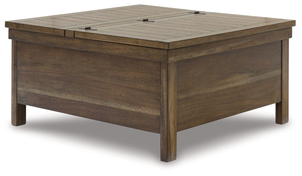 Lift-top cocktail table in grayish-brown wood with hinged top and drawer front