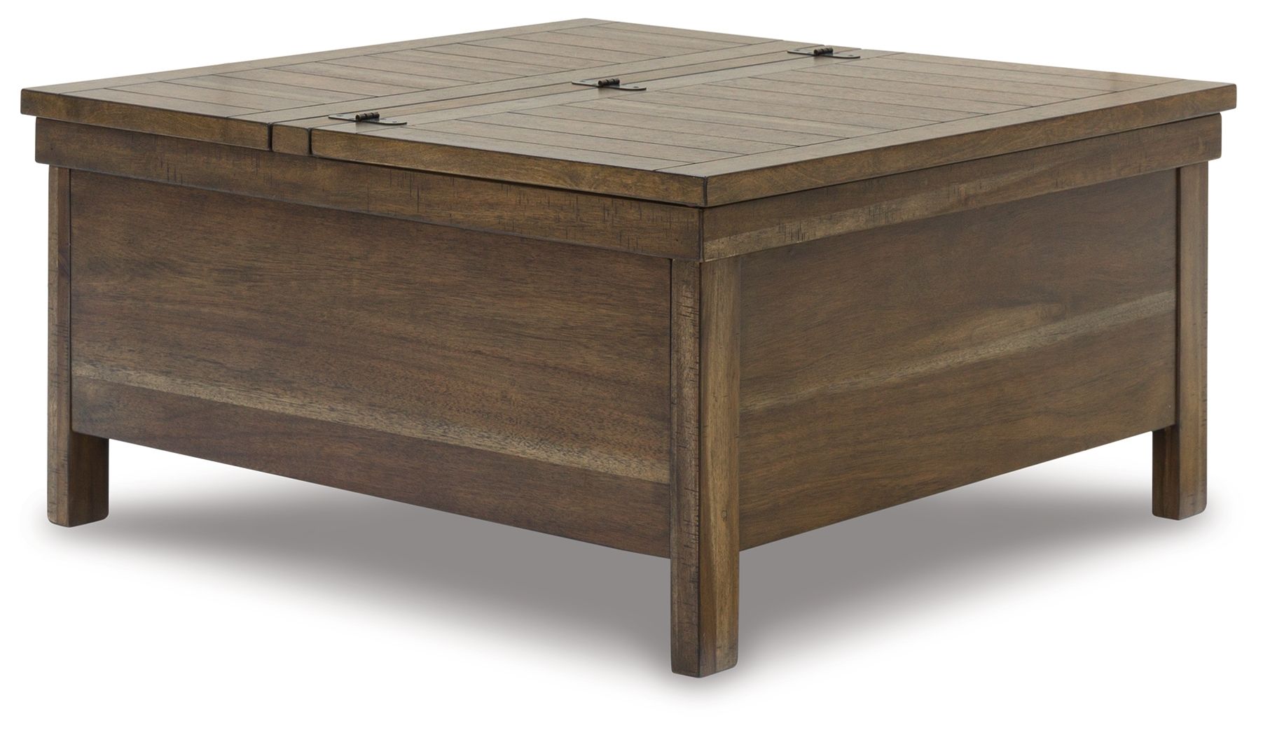 Lift-top cocktail table in grayish-brown wood with hinged top and drawer front