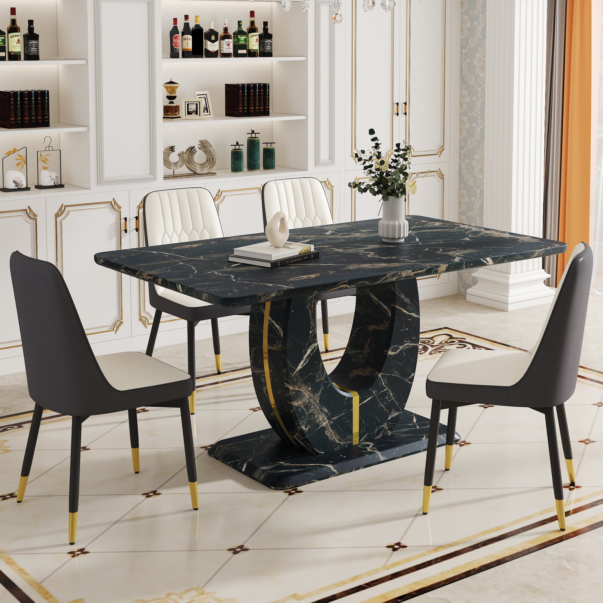 Black Marble Dining Set w/ 4 Chairs