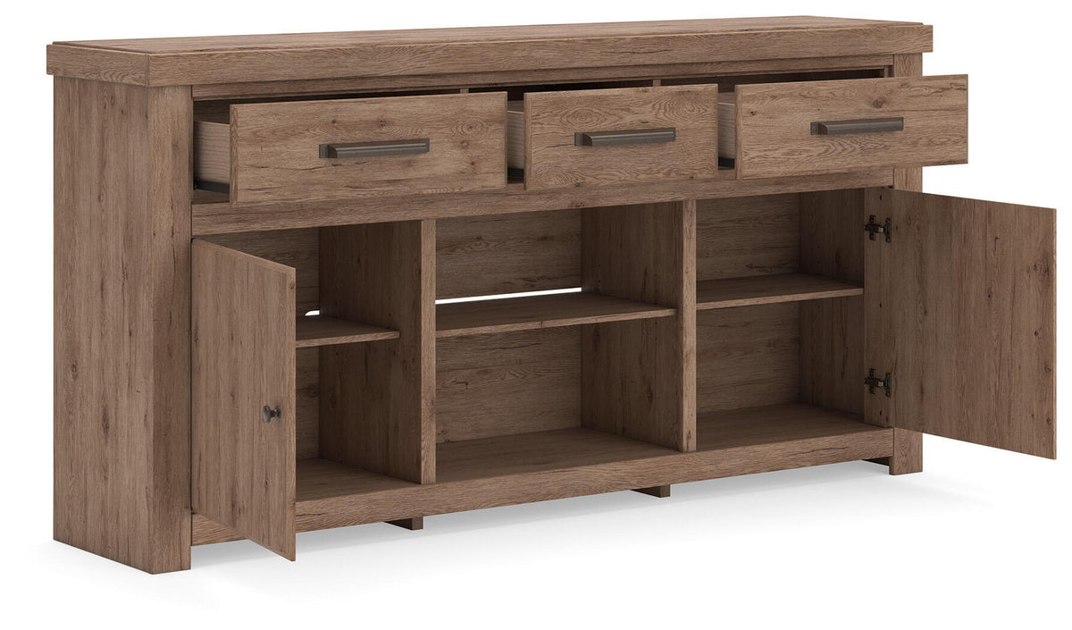 Light brown wood TV stand with open storage compartments and hinged side cabinet doors.