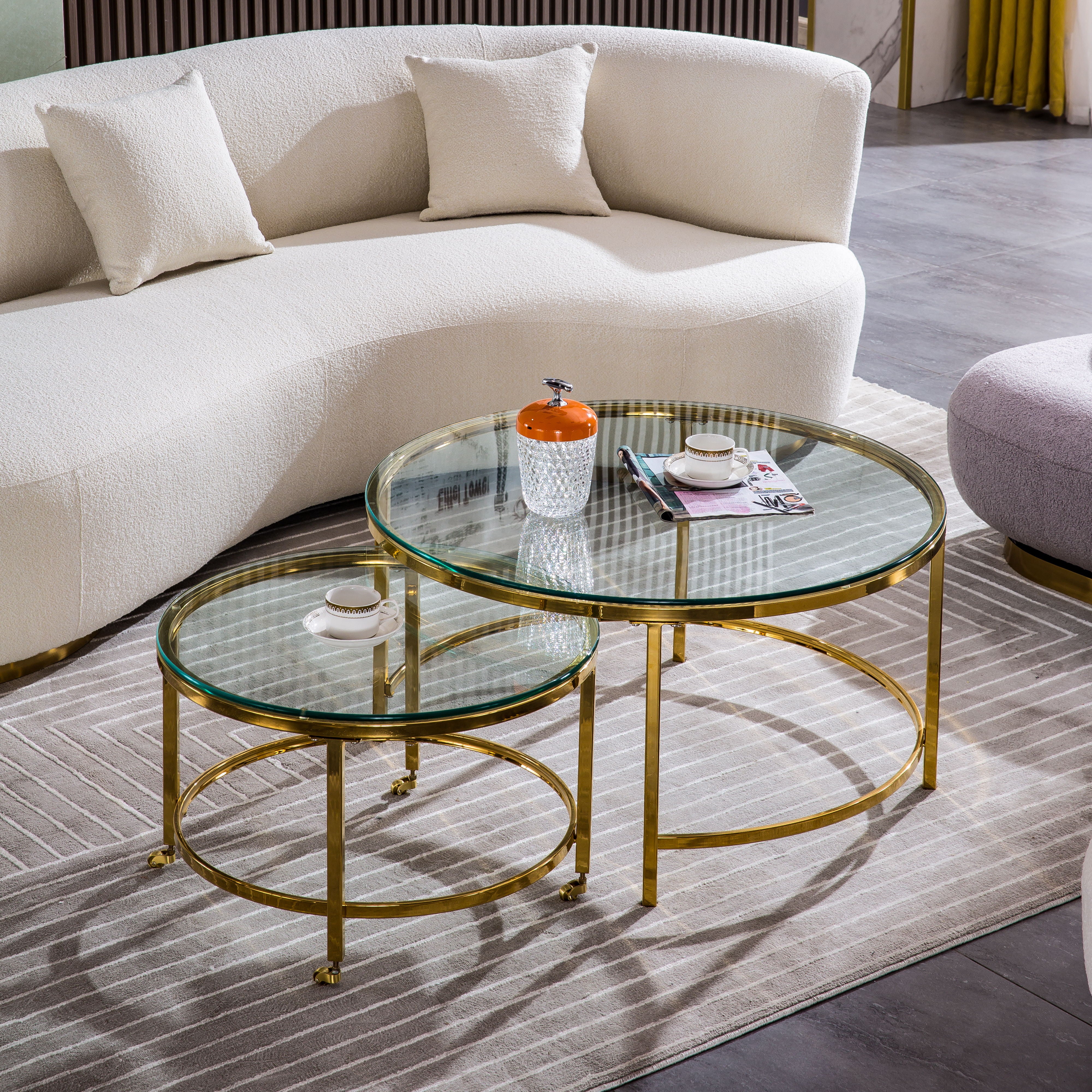 Modern Nesting 10Mm / 0.39" Clear Tempered Glass Coffee Table (Set of 2), Round End Table With Gold Finish Metal Base For Living Room