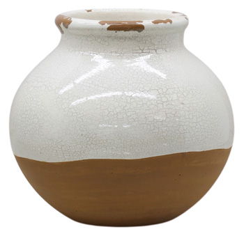 Vercott ceramic vase with cracked white glaze and brown bottom, rounded belly