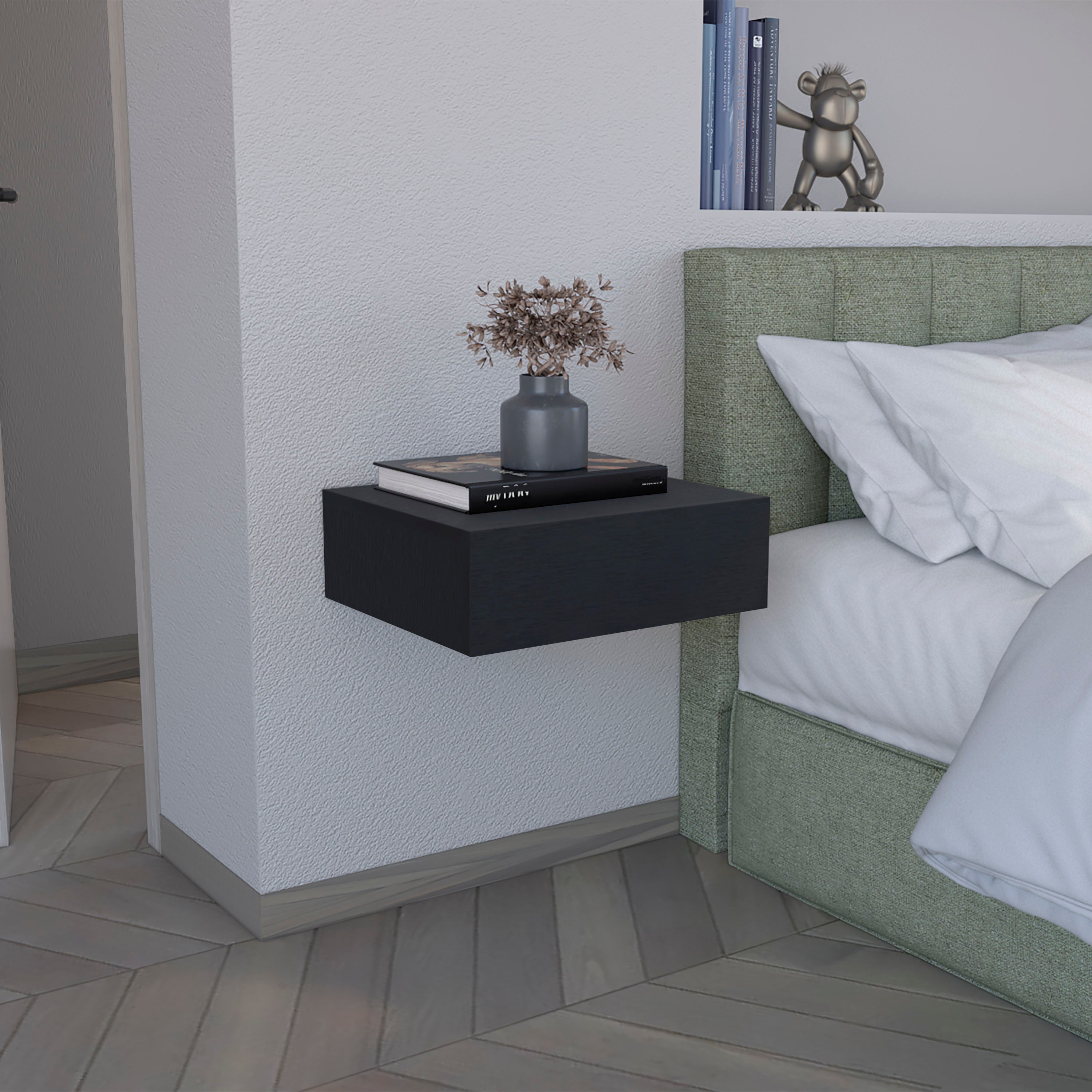 Black Floating Nightstand - Modern Wall-Mounted Shelf w/ Drawer