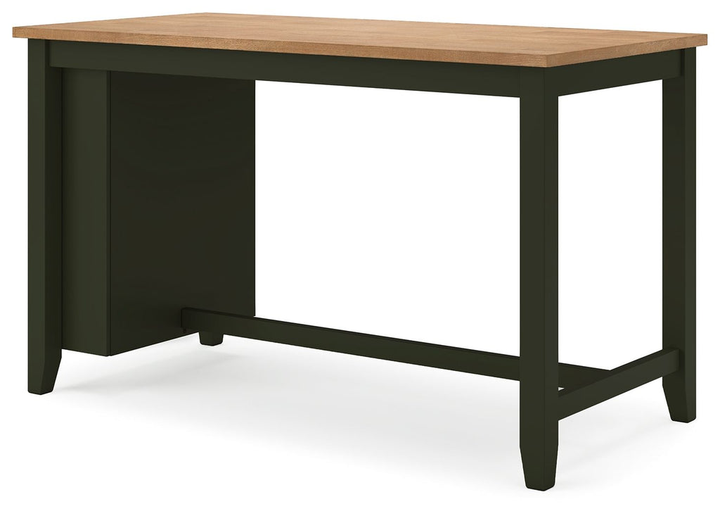 Rectangular dining table in dark green with open end panels and wood top.