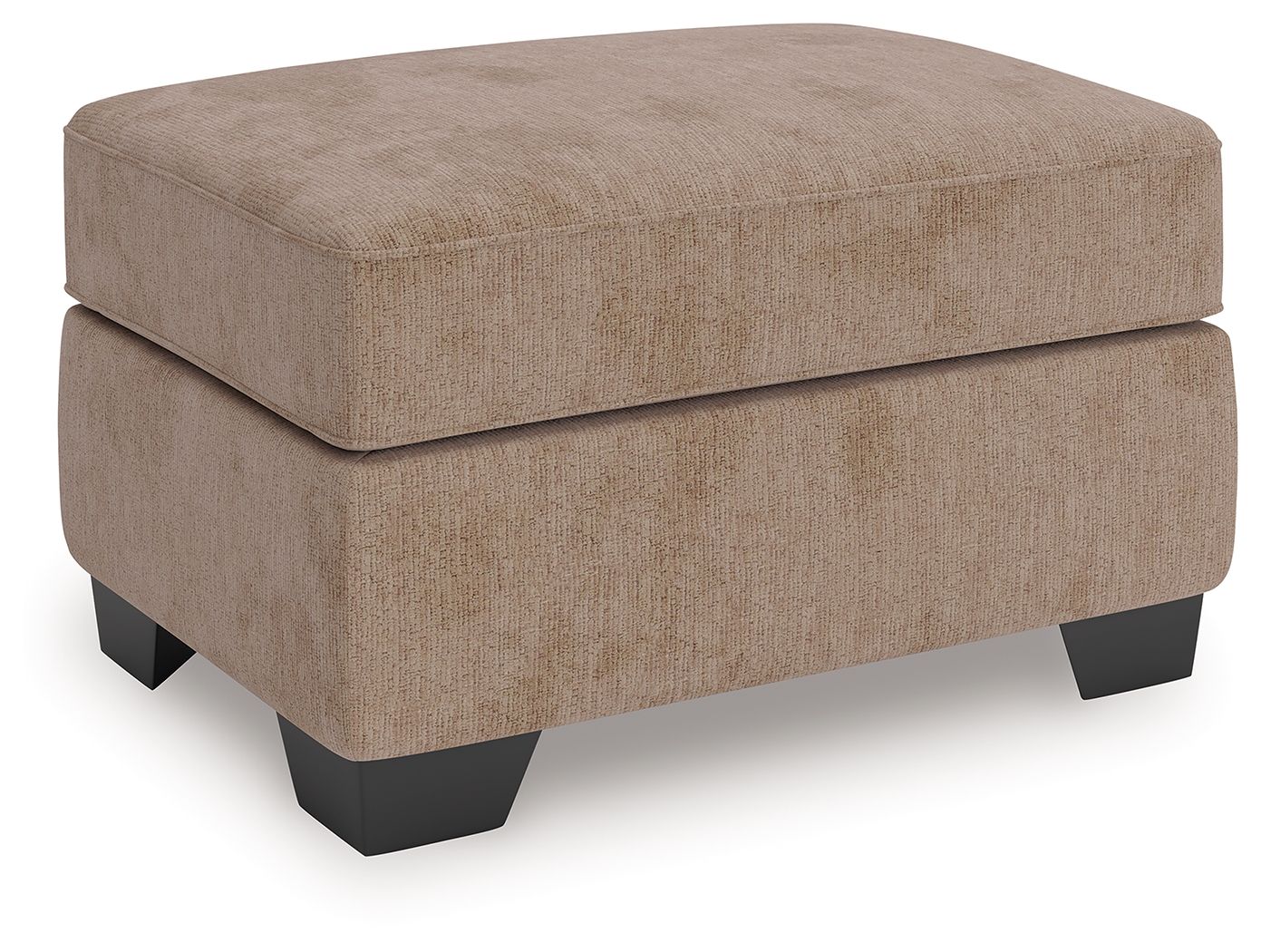 Light brown upholstered ottoman with rounded corners and tapered block legs