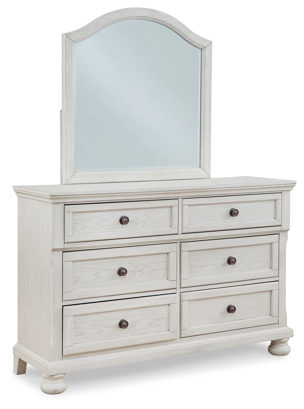Youth antique white dresser with arched mirror, four drawers and bun feet