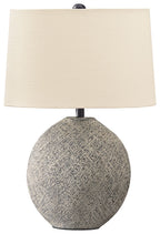 Beige paper table lamp shade with gray textured globe base