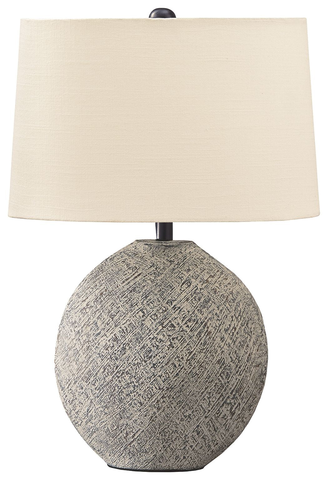Beige paper table lamp shade with gray textured globe base