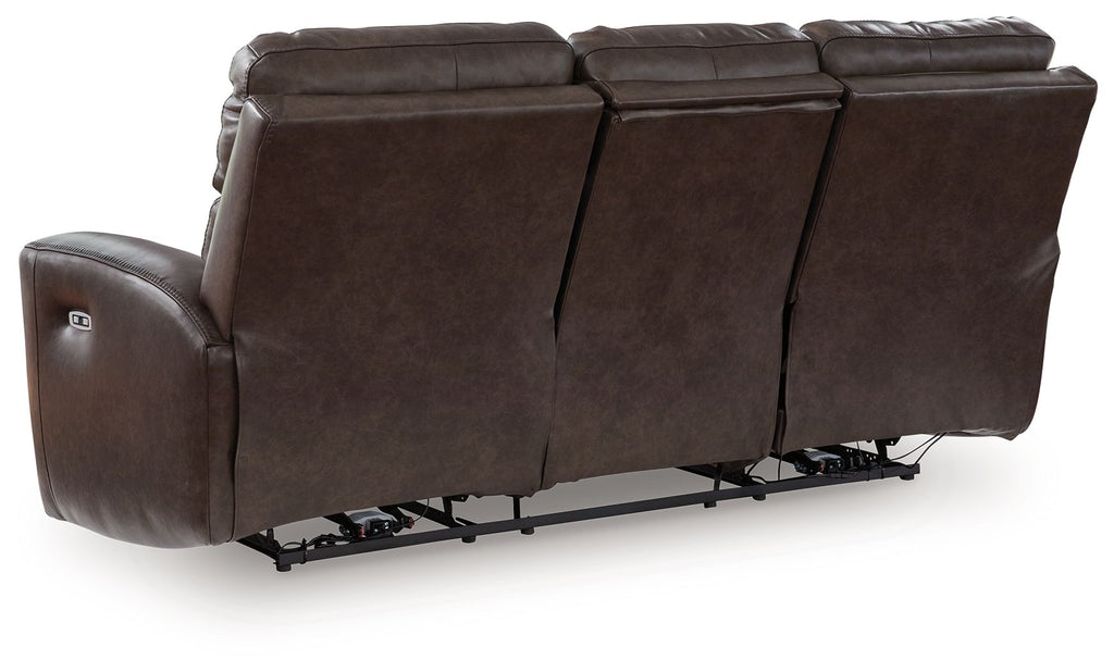 Dark brown leather power recline sofa, side view with adjustable headrest