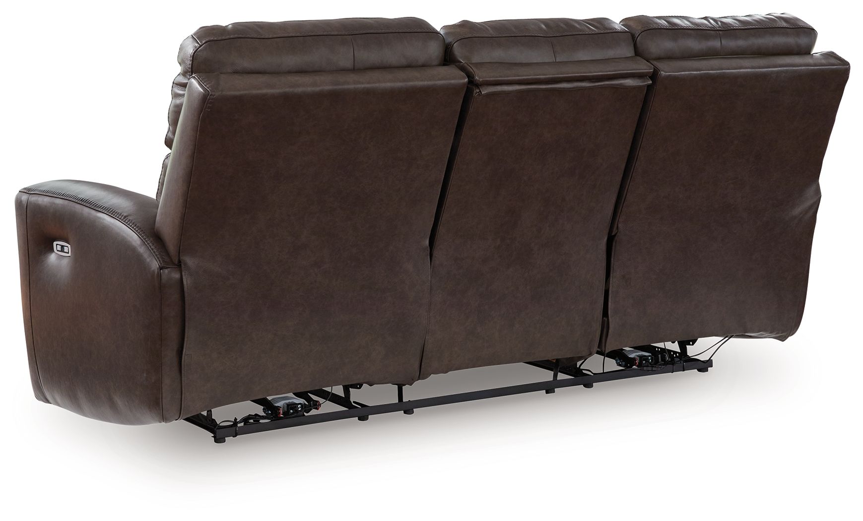 Dark brown leather power recline sofa, side view with adjustable headrest