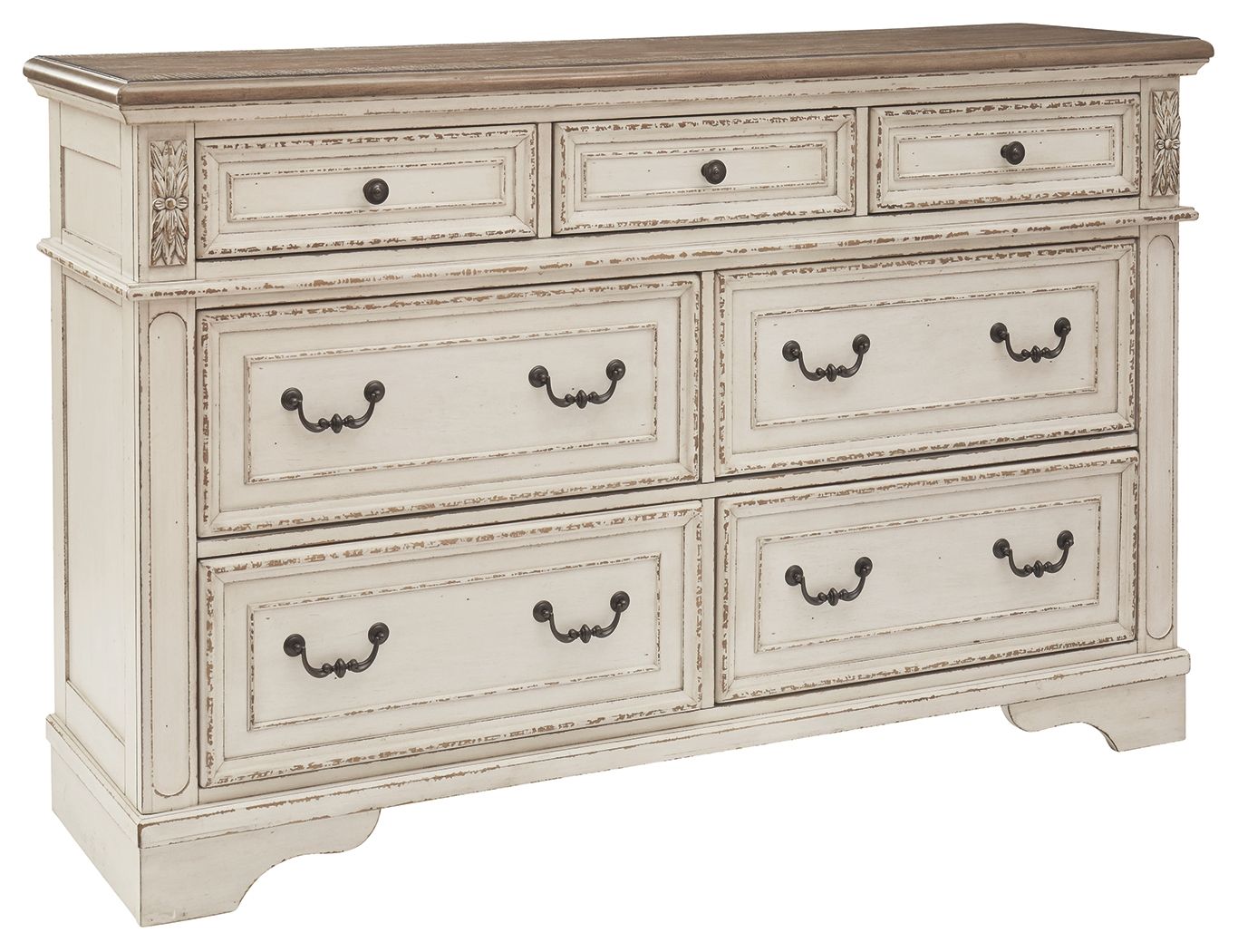 Two-tone dresser with six drawers and dark metal cup handles, angled front view.