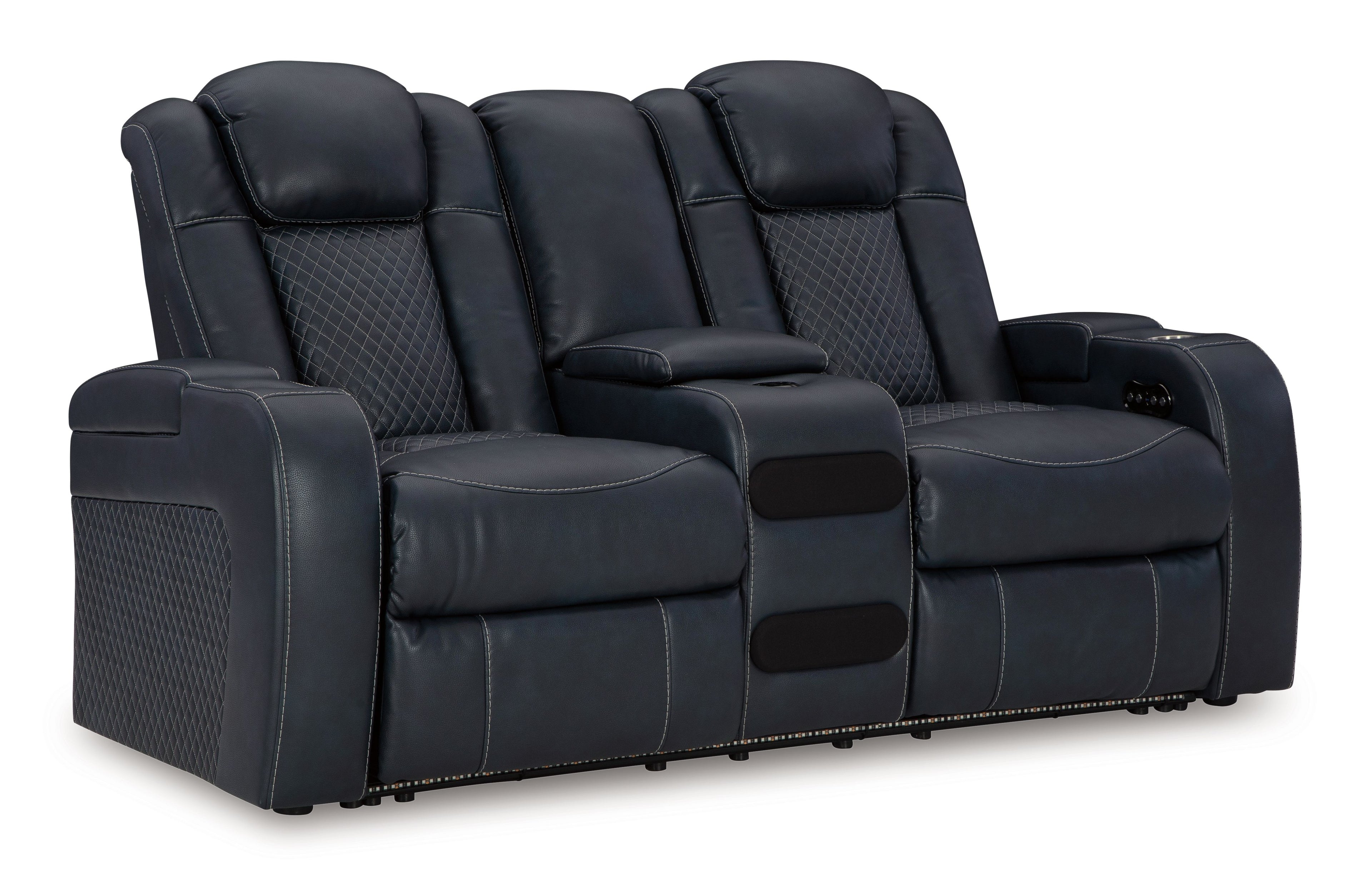 Dark blue power reclining loveseat with center console and padded headrests