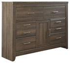 Dark brown wood dresser with cabinet doors, drawers, and metal bar pulls
