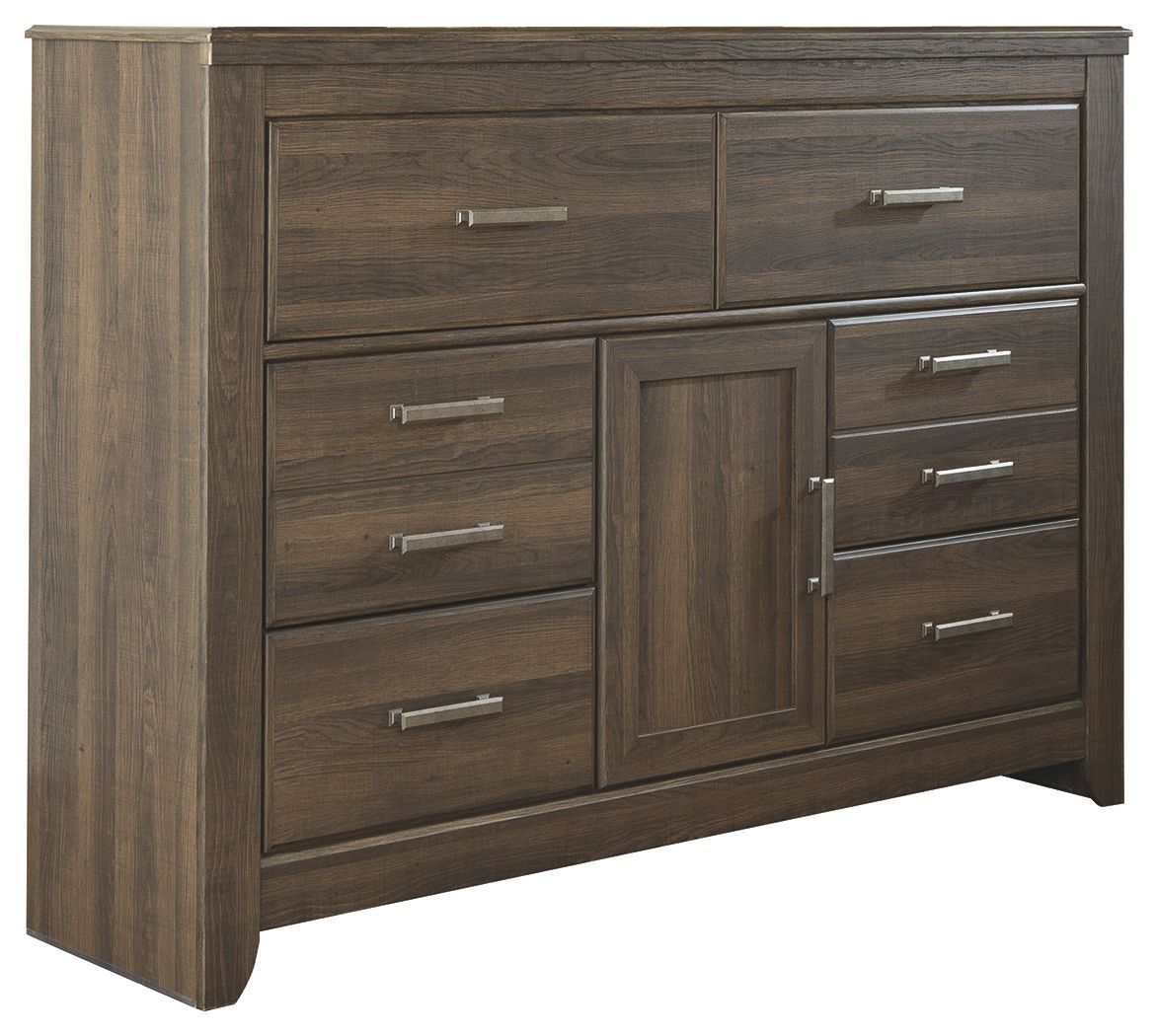 Dark brown wood dresser with cabinet doors, drawers, and metal bar pulls