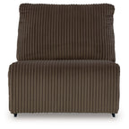 Chocolate-brown armless chair with tall backrest and ribbed seat upholstery.