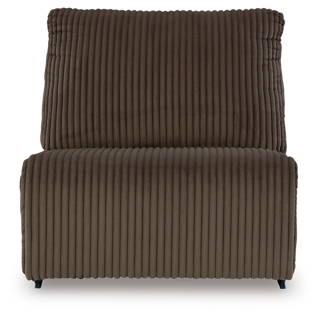 Chocolate-brown armless chair with tall backrest and ribbed seat upholstery.