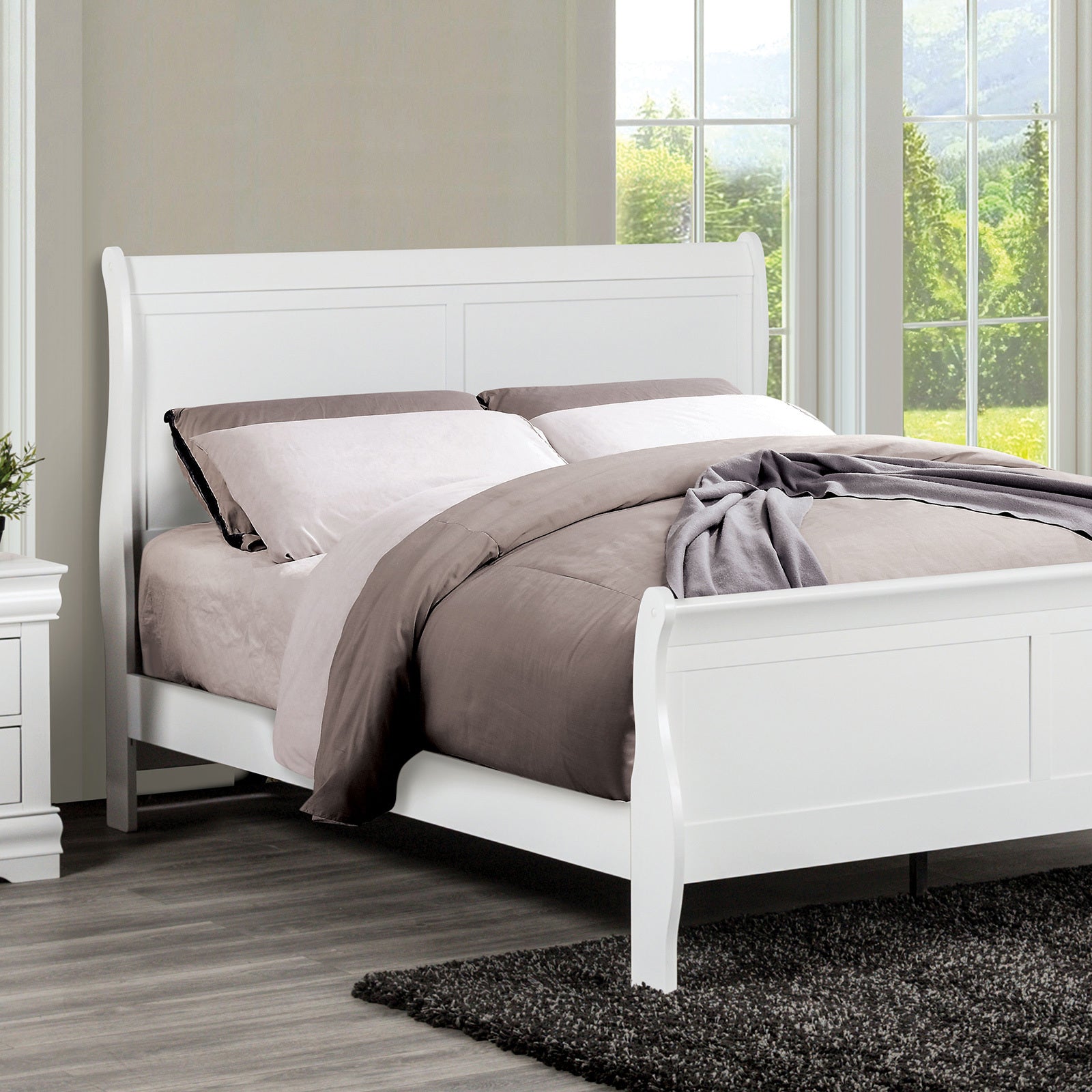 Twin White Sleigh Bed - Classic Louis Phillipe Wooden Frame