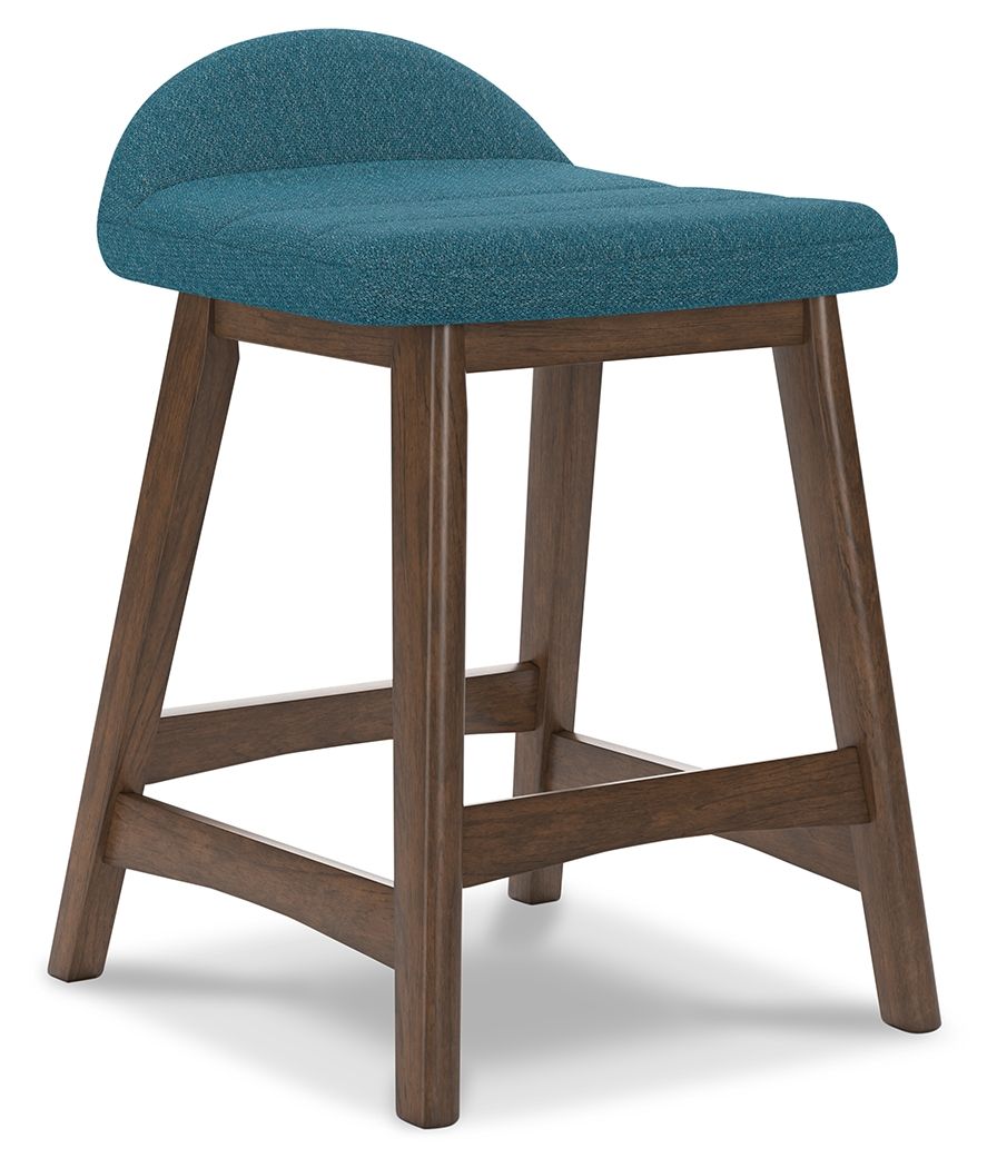 Upholstered barstool with teal blue fabric seat and curved back, dark wood legs.