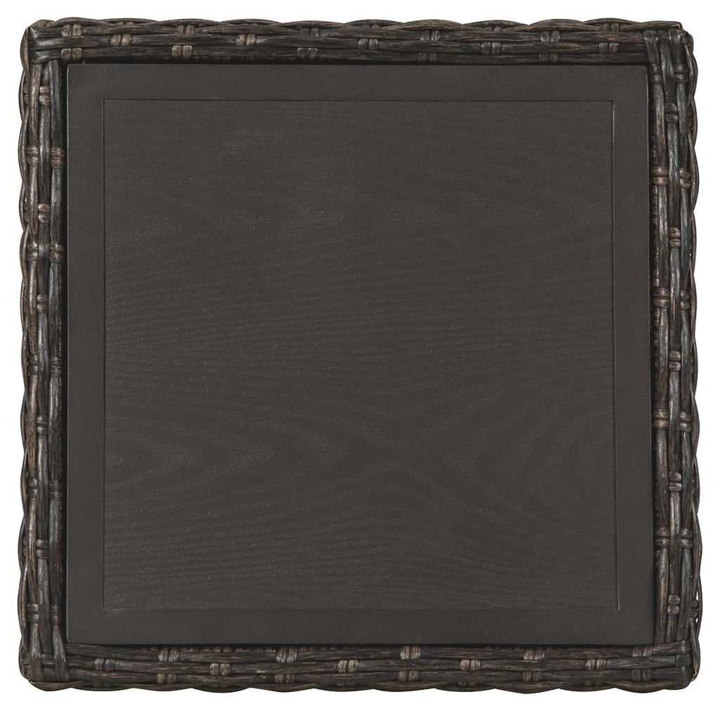 Dark woven square end table with woven border and solid tabletop panel