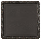 Dark woven square end table with woven border and solid tabletop panel