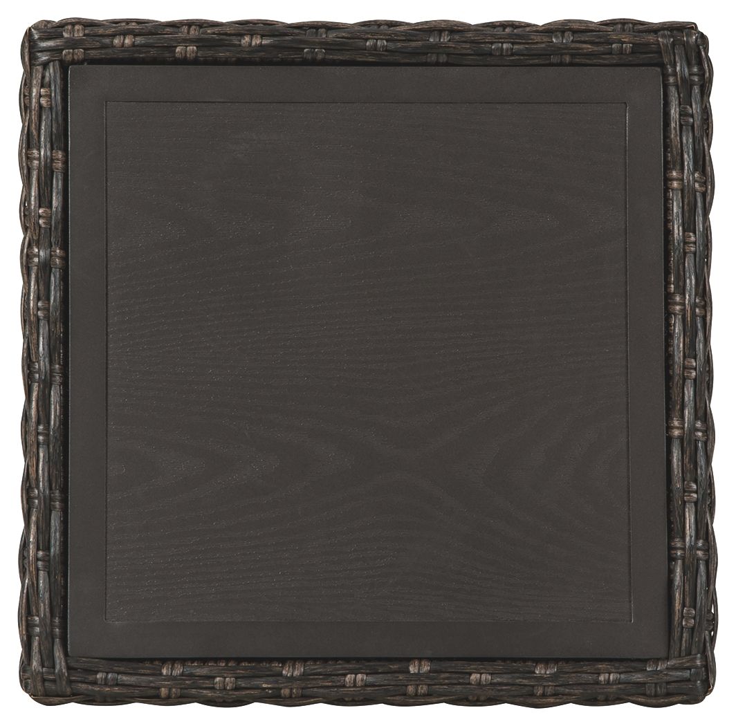 Dark woven square end table with woven border and solid tabletop panel