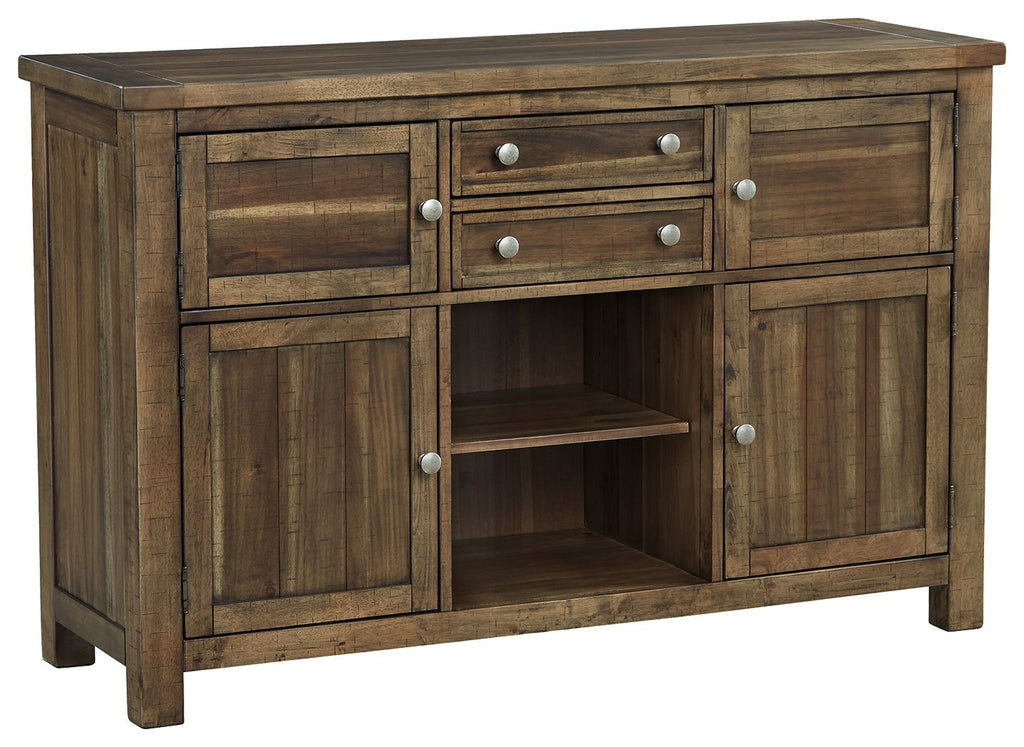 Grayish brown dining room server with two drawers, four doors, and open shelves.
