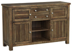 Grayish brown dining room server with two drawers, four doors, and open shelves.
