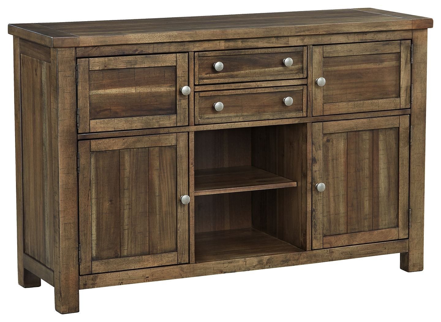 Grayish brown dining room server with two drawers, four doors, and open shelves.