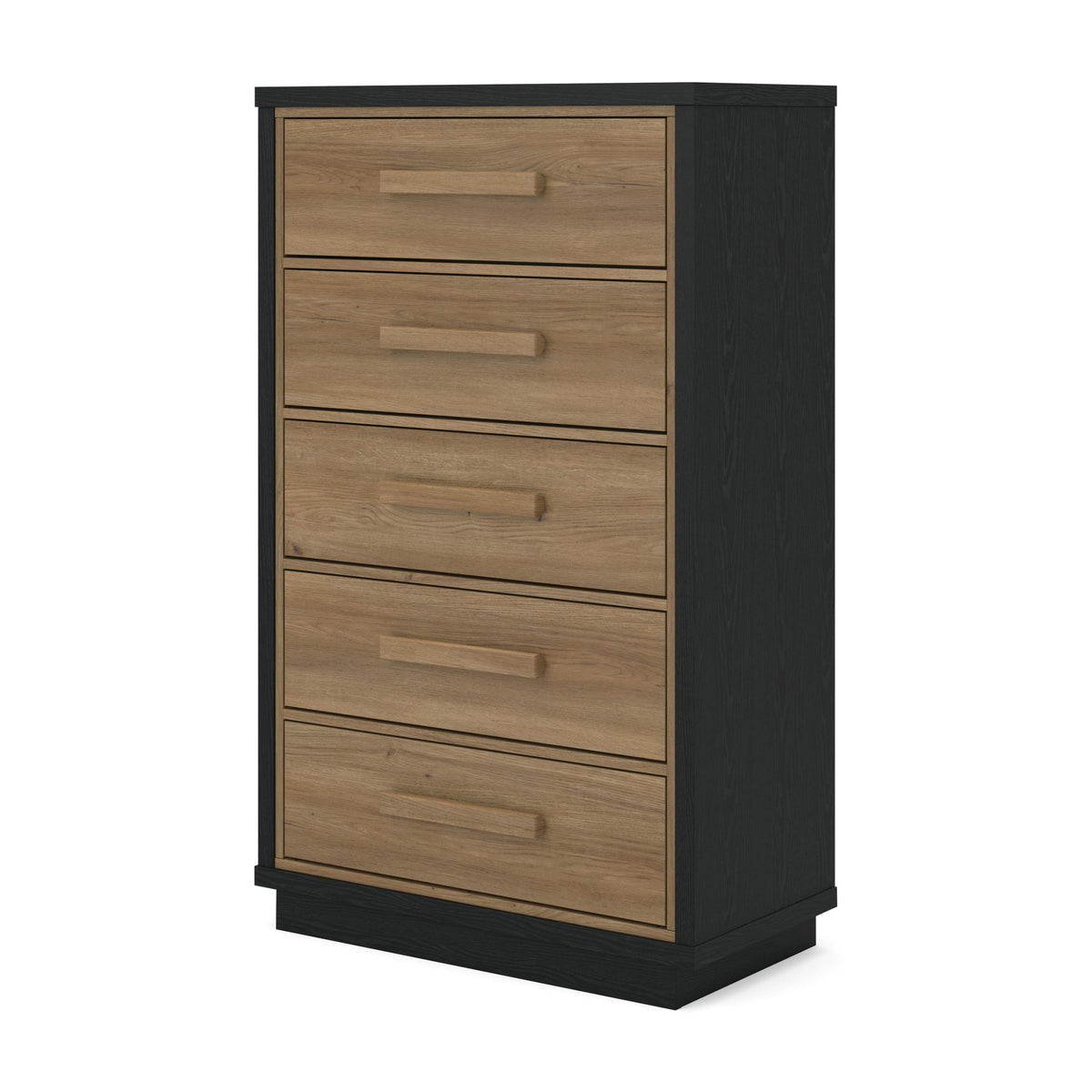 Five-drawer chest with black sides and light brown drawers, rectangular bar handles