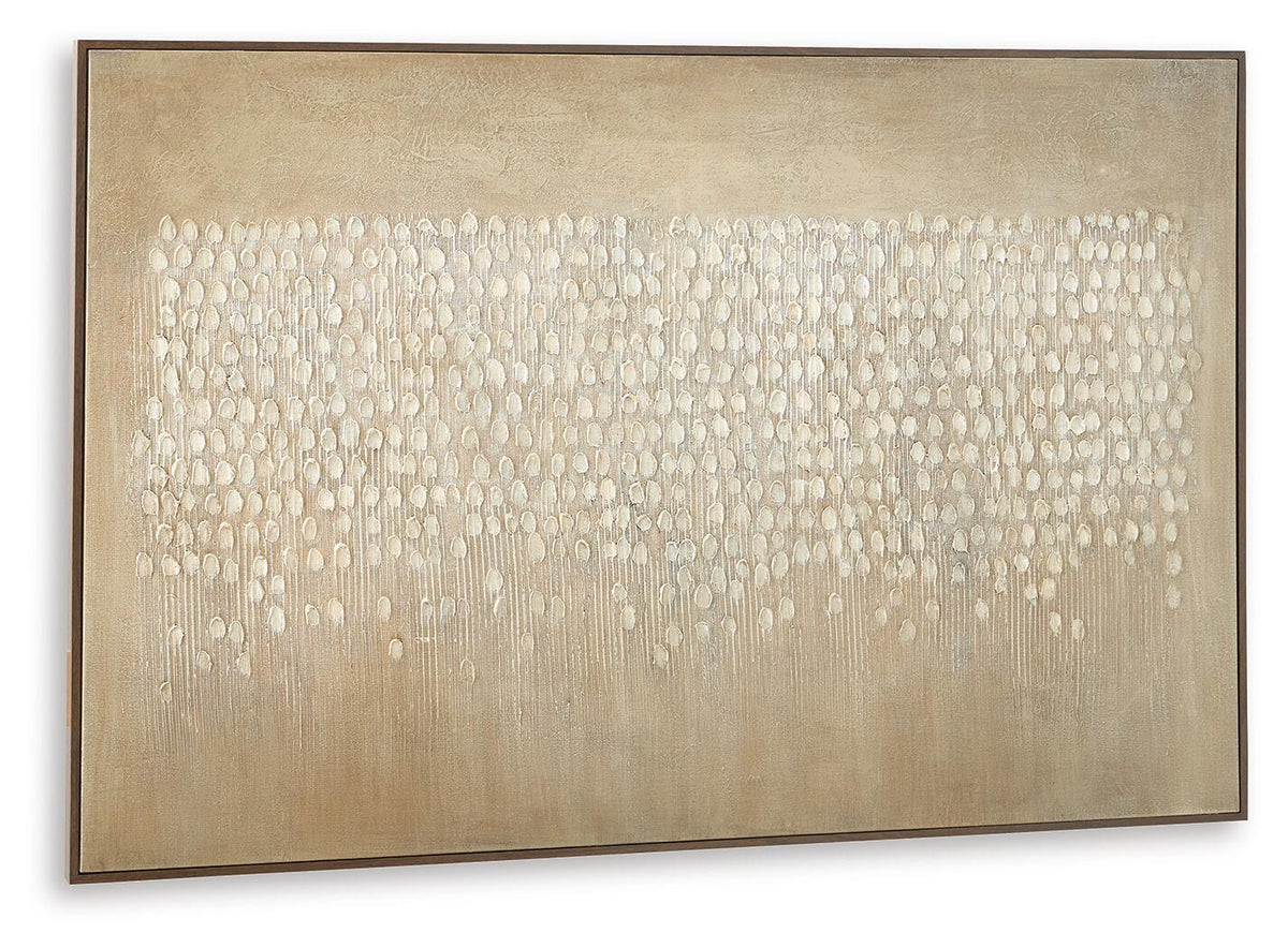 Rectangular framed wall art featuring pale beige abstract dot grid on brown