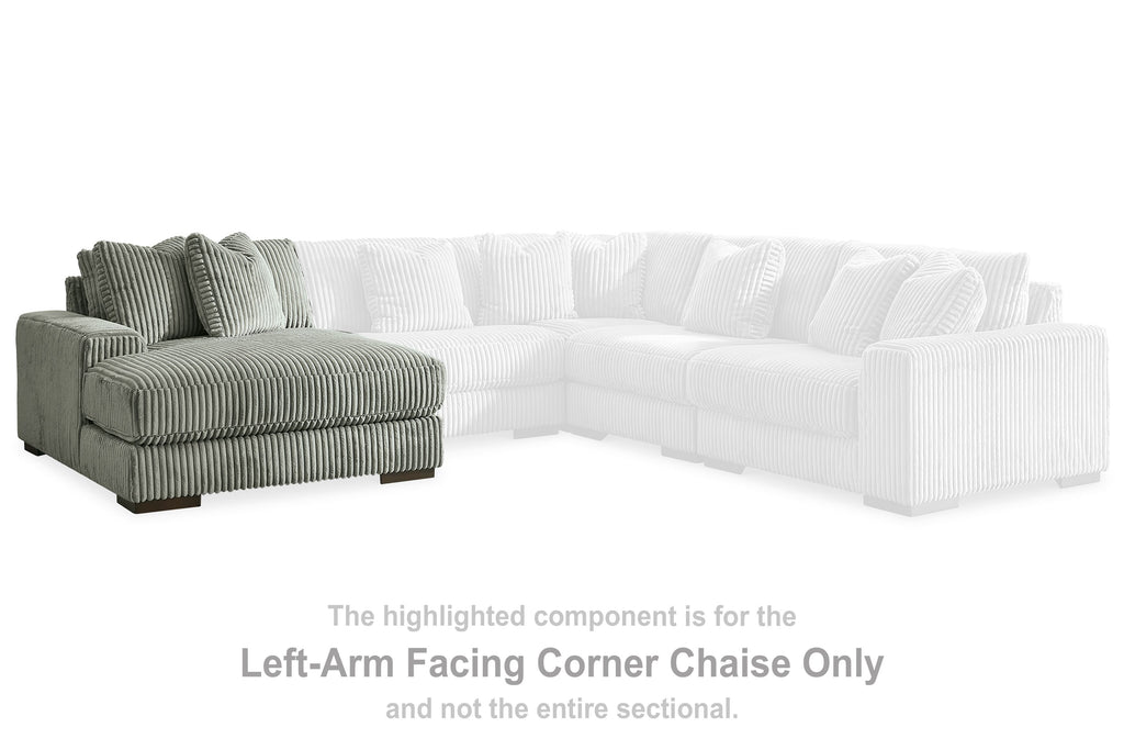 Left-arm corner chaise section with ribbed fog-gray upholstery and cushioned back pillows