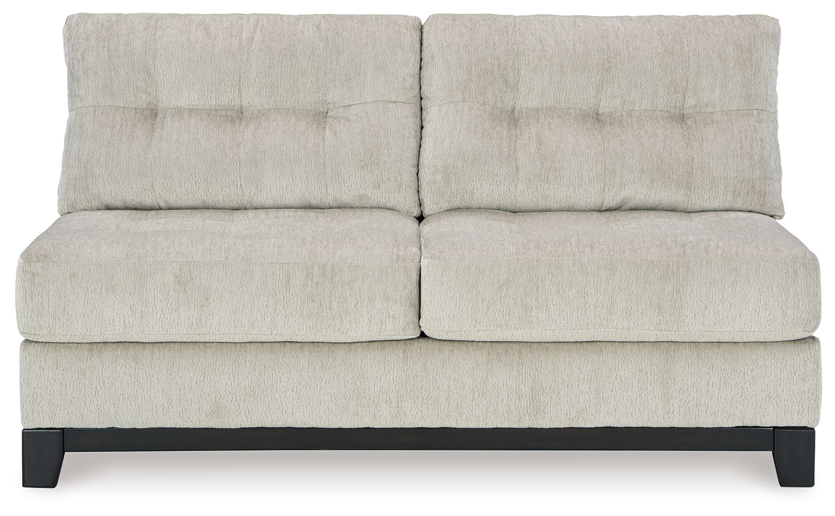 Stone armless loveseat with two-seat backrest, tufted seat cushions, dark base legs