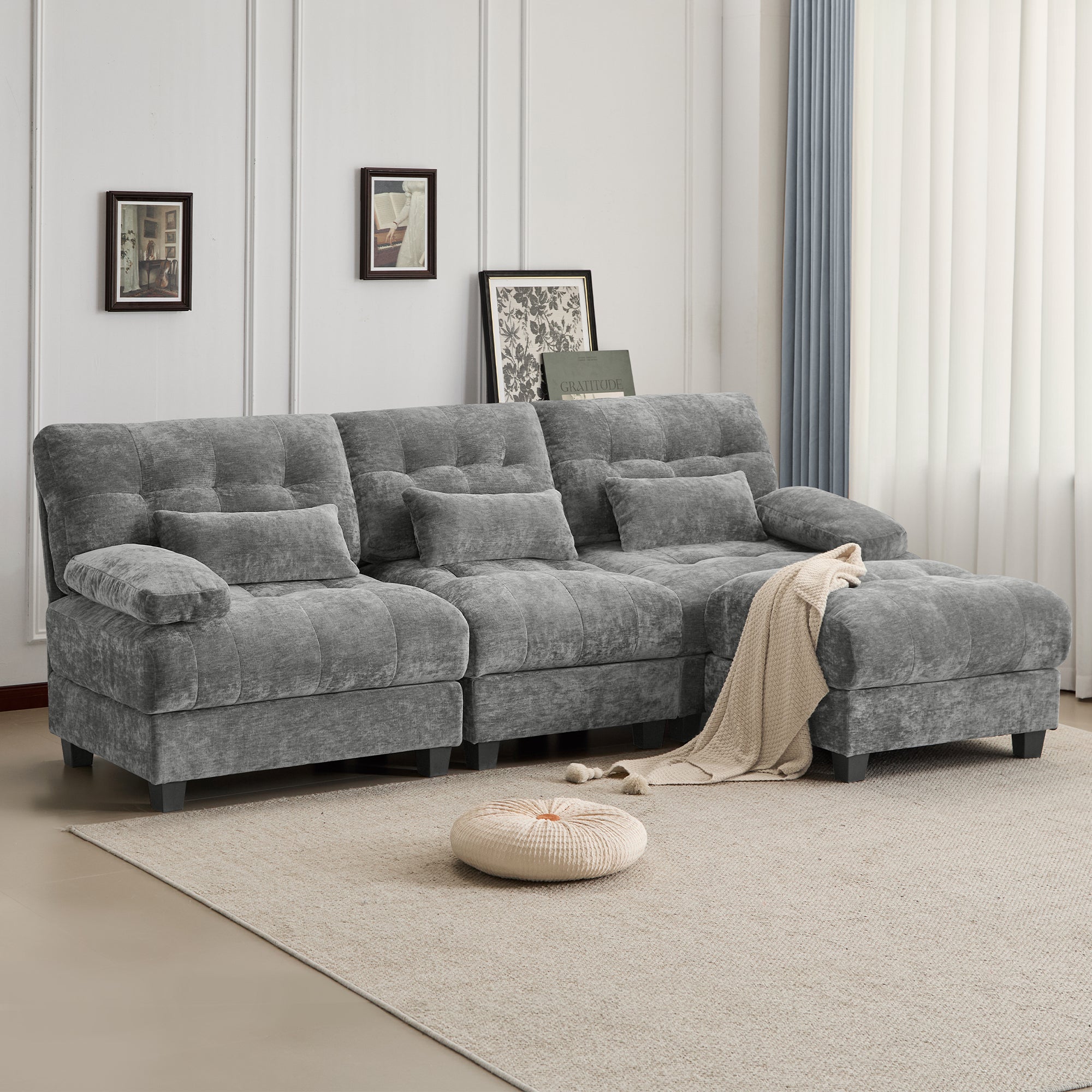 93" Chenille 3+1 Sofa & Ottoman: Adjustable Backrest, Pillows