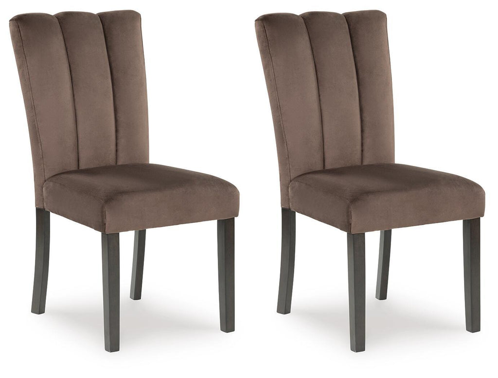 Set of 2 mocha upholstered dining side chairs, tall back, straight legs
