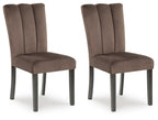 Set of 2 mocha upholstered dining side chairs, tall back, straight legs