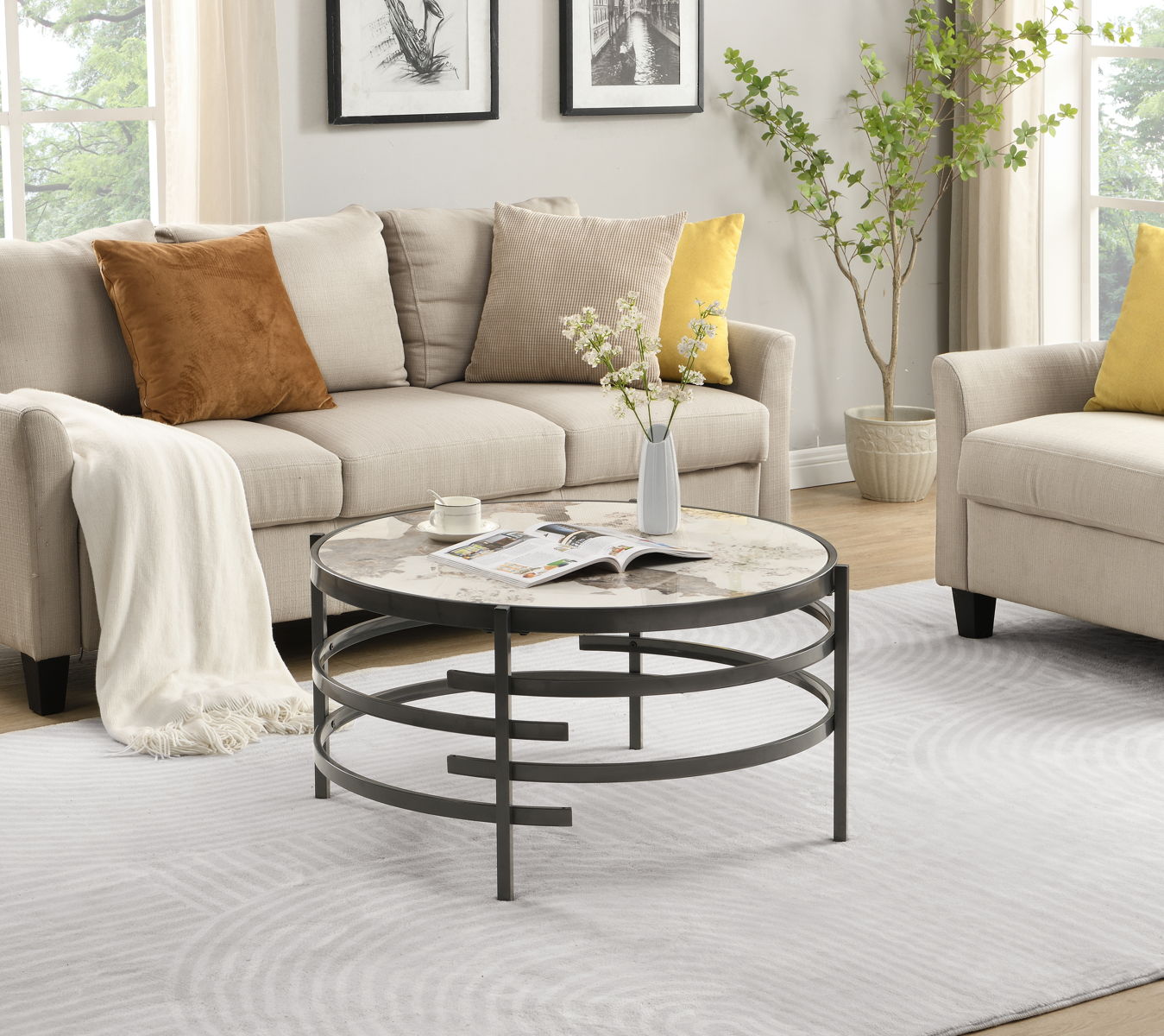 32.48'' Round Coffee Table With Sintered Stone Top&Sturdy Metal Frame, Modern Coffee Table For Living Room - Darker Gray