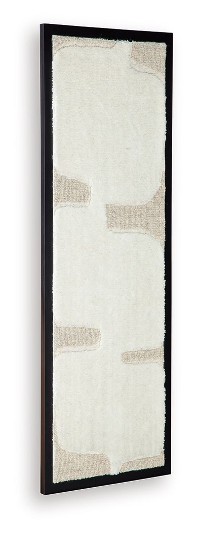 Framed wall art with off-white textured panel and taupe block pattern, black frame
